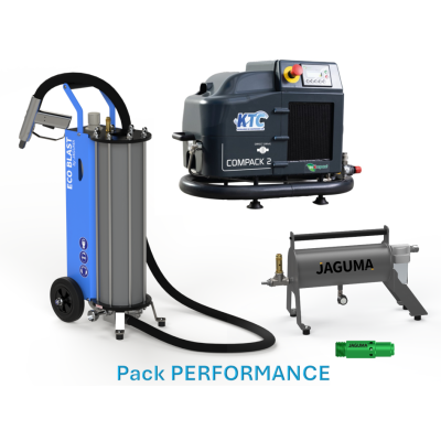 Pack d'aérogommage pour les travaux de rénovation de maison composé d'une aérogommeuse Eco-Blast by JAGUMA, d'un compresseur à vis monophasé de qualité professionnel et des accessoires nécessaires au traitement de l'air et aux raccordements entre chaque é